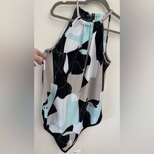 Alfani Black and Light Blue Sleeveless Top with chain neck detail.